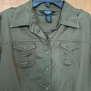 VTG Y2K Express Stretch Olive Button-Up 3/4 Sleeves Cotton Dress Size 13-14